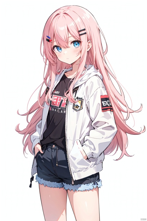  1girl, solo, long hair, looking at viewer, blush, bangs, blue eyes, simple background, shirt, hair ornament, long sleeves, white background, hair between eyes, closed mouth, standing, jacket, pink hair, cowboy shot, open clothes, shorts, hairclip, open jacket, black shirt, short shorts, black shorts, white jacket, hand in pocket, print shirt