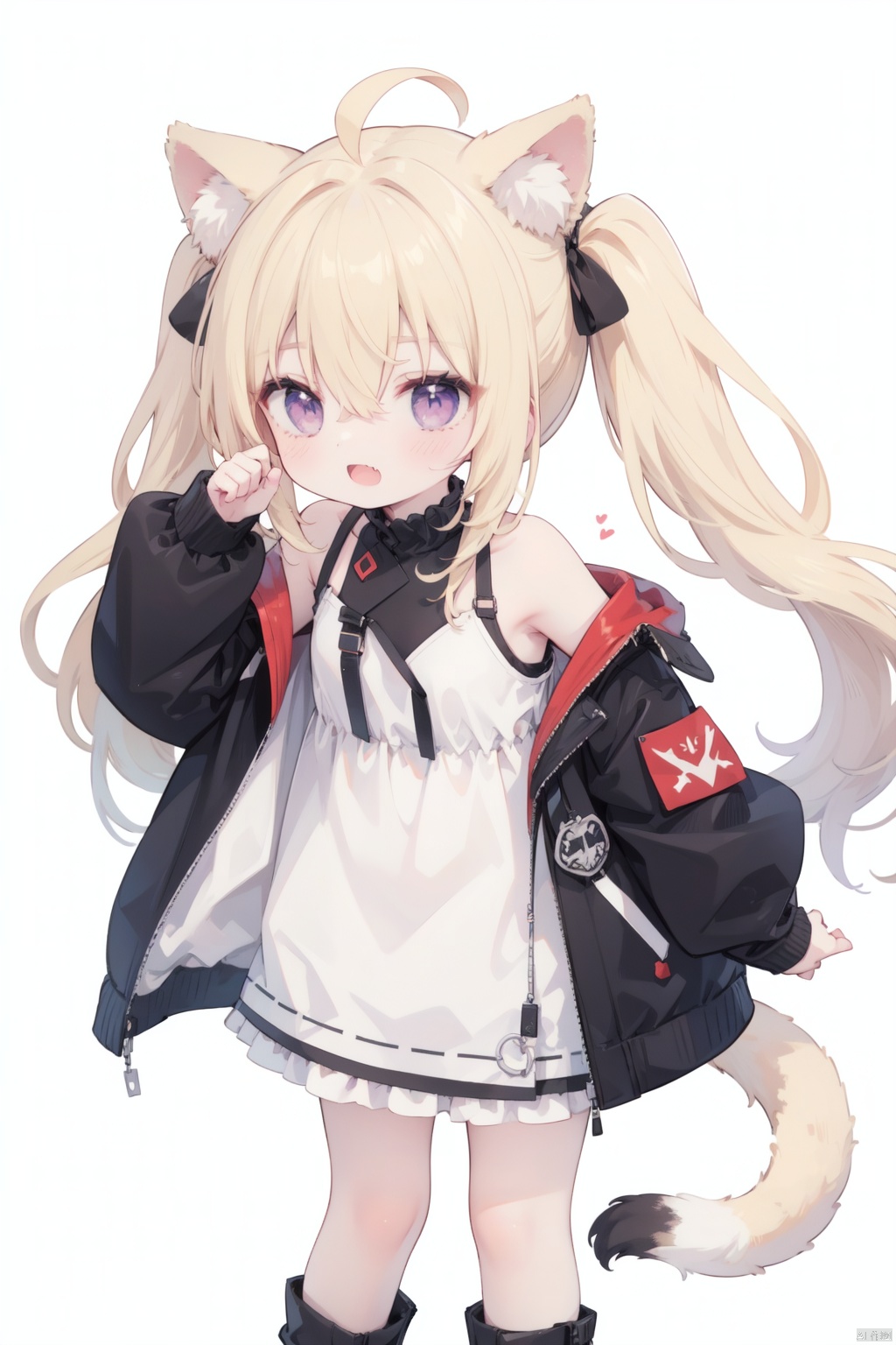  twintails,masterpiece,best quality,very long hair,cowboy shot,1girl,animal_ears,solo,black_footwear,long_hair,tail,off_shoulder,jacket,socks,white_background,animal_ear_fluff,black_jacket,sleeves_past_wrists,long_sleeves,very_long_hair,boots,looking_at_viewer,open_jacket,bangs,open_clothes,standing,ahoge,sleeveless,hand_up,open_mouth,simple_background,hair_between_eyes,bare_shoulders,puffy_sleeves,fang,red_eyes,dress,black_socks,white_shirt,purple_eyes,blonde_hair,puffy_long_sleeves,leaning_forward,shirt,