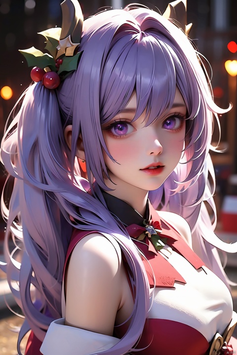  1girl,solo,keqing,cowboy_shot,christmas costumes,long hair,twintails,hair rings,hair ornament,looking at viewer,purple eyes,purple hair,open mouth,best quality,masterpiece,ultra high res,Christmas,