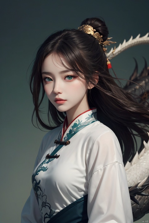  (masterpiece), (best quality), (super delicate), (illustration), (extremely delicate and beautiful), (dynamic angle), white and black highlights, (Chinese dragon background), China, 1 girl, Hanfu, (complex details) (beautiful and delicate eyes), golden eyes, green pupils, delicate face, upper body, messy floating hair, messy hair, focus, perfect hands, (fantasy wind),