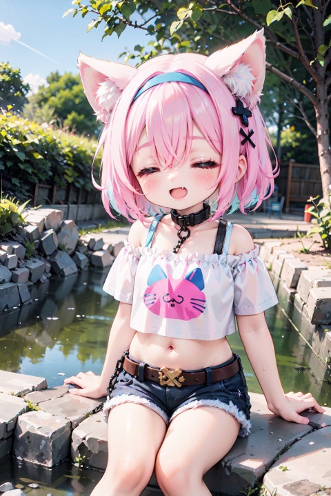  1girl, animal ears, solo, navel, closed eyes, shirt, white shirt, midriff, collar, virtual youtuber, sitting, shorts, smile, open mouth, white shorts, crop top, belt, blush, hair ornament, water, short hair, cat ears, multicolored hair, animal ear fluff, pink hair, short sleeves, collarbone, soaking feet, hair between eyes, hairband, bangs, white hair, fang, x hair ornament, outdoors, off shoulder, cropped shirt, chain, short shorts, rock, hair intakes, best quality, amazing quality, very aesthetic, absurdres