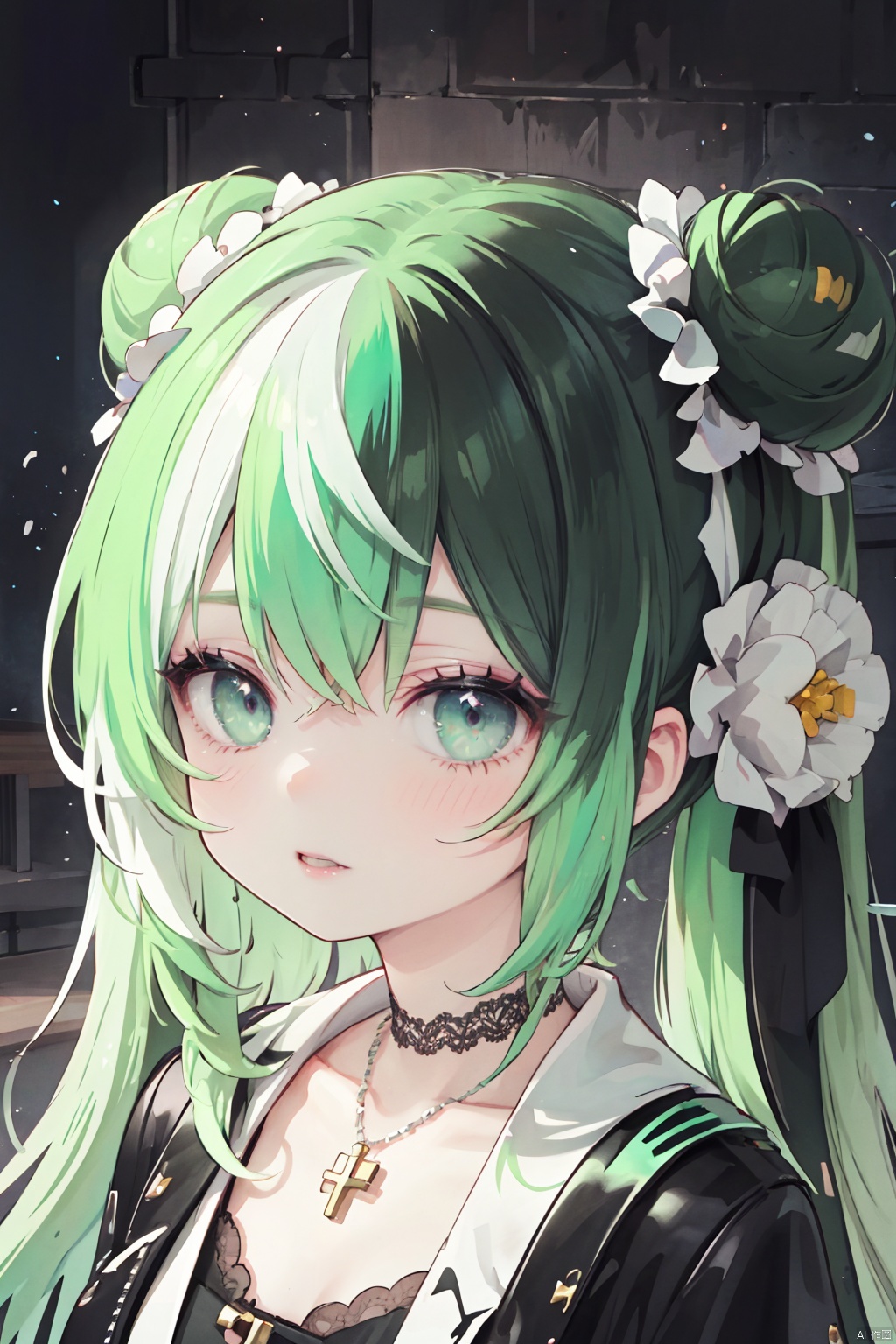  masterpiece, best quality, 1girl, solo, long hair, twin tails, hair buns, multicolored hair, two-tone hair, white hair, green hair, black hair, bangs, makeup, black lips, lipstick, mascara, eyeshadow, cross necklace, hair bow, front bow, lace jacket, lace gloves, fishnets, black leggings, gothic attire, dynamic angle, side lighting, shiny skin, detailed eyes, detailed face