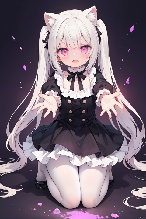  very_long_hair,animal_ears,low twintails,crying,kneeling&setting on floot,outstretched hand,handjob gesture,jk face leg,beautiful detailed eyes,glowing eyes,gothic_lolita,lace-trimmed,no shoes, loli, white pantyhose,cute girl