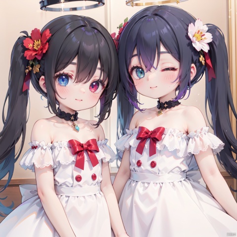 long hair, looking at viewer, blush, smile, bangs, blue eyes, multiple girls, black hair, hair ornament, red eyes, dress, bow, 2girls, hair between eyes, bare shoulders, twintails, very long hair, closed mouth, flower, hair bow, frills, one eye closed, hair flower, off shoulder, white dress, looking to the side, strapless, heterochromia, halo, blue bow, red flower, off-shoulder dress