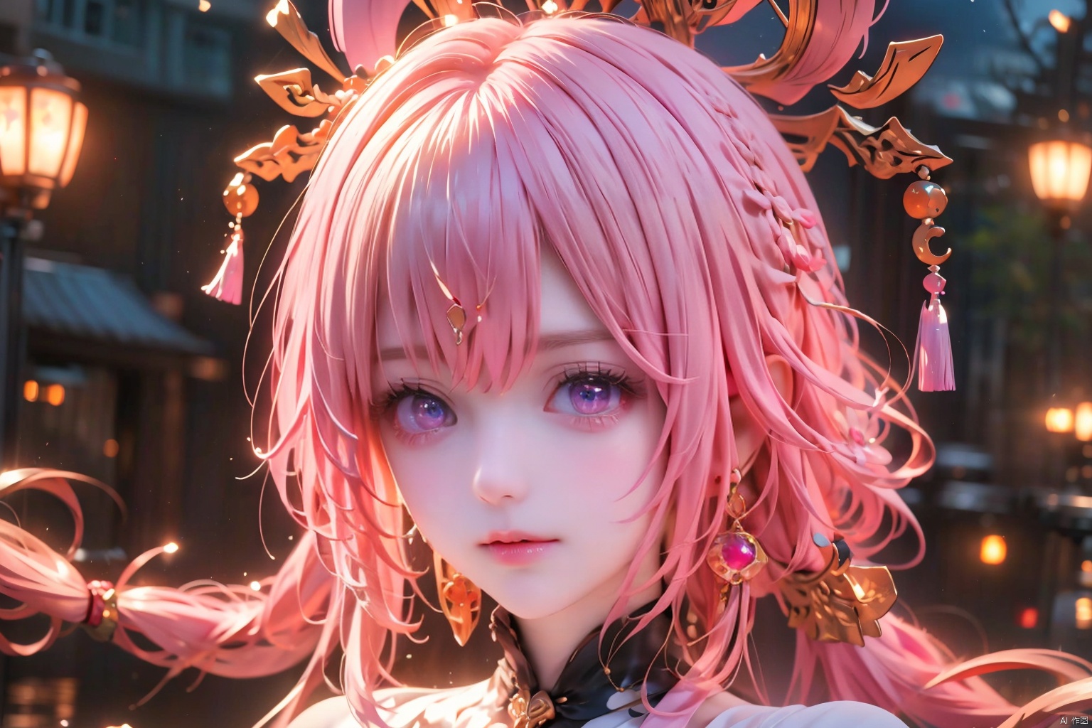  {{best quality}}, {{masterpiece}}, {{ultra-detailed}}, {illustration}, {detailed light}, {an extremely delicate and beautiful}, a girl, {beautiful detailed eyes}, stars in the eyes, messy floating hair, colored inner hair, Starry sky adorns hair, depth of field, 1girl,pink hair, long hair,twintails,hair rings,hair ornament,forehead jewel