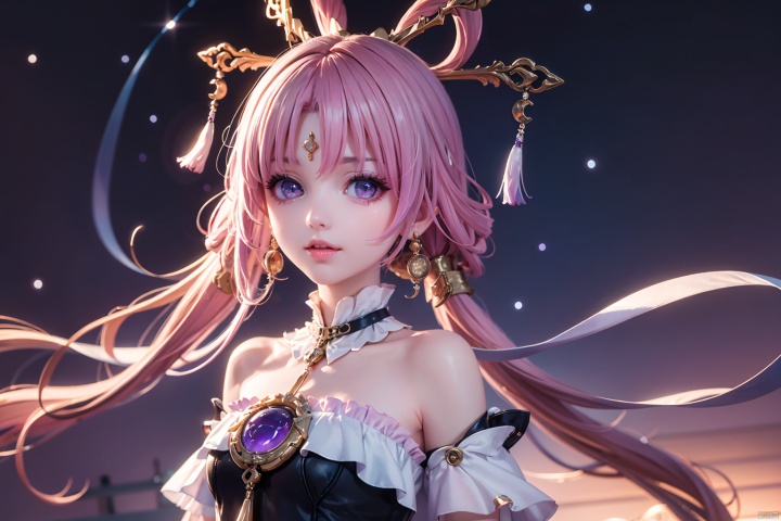  {{best quality}}, {{masterpiece}}, {{ultra-detailed}}, {illustration}, {detailed light}, {an extremely delicate and beautiful}, a girl, {beautiful detailed eyes}, stars in the eyes, messy floating hair, colored inner hair, Starry sky adorns hair, depth of field, 1girl,pink hair, long hair,twintails,hair rings,hair ornament,forehead jewel