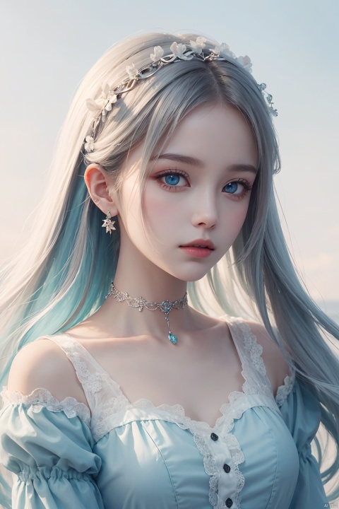 an extremely delicate and beautiful girl, dark cyan pupils, long white hair, choker, hair ornament hair clip,cold and elegant, close-up, half-body drawing, noble lolita with delicate texture, white atmosphere, high quality, masterpiece, {{1girl}},,