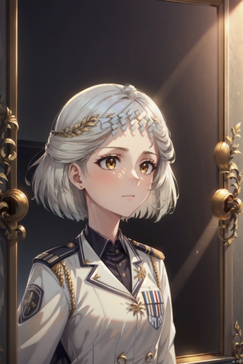 (Clear picture),(gold trim),(masterpiece),(reflection light),(ray tracing),(cinematiclighting),(masterpiece),(highres),short_hair,white_hair,military uniform,