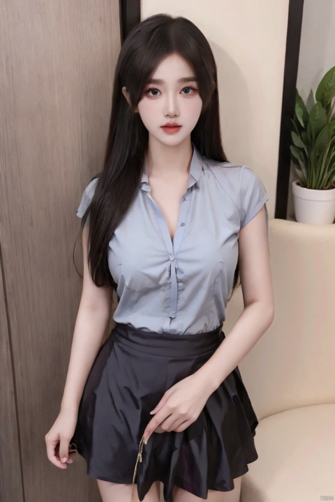  1girl, solo, long hair, looking at viewer, skirt,blue shirt, standing, light blue hair,, grey eyes, red lips, mjuanlian, (/qingning/), (\ji jian\), (/qingning/)