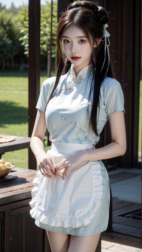 1girl, solo, looking at viewer, bangs, brown hair, dress, brown eyes, standing, short sleeves, outdoors, frills, day, hair bun, blurry, apron, double bun, chinese clothes, grass, waist apron, white apron, china dress, frilled apron, bun cover