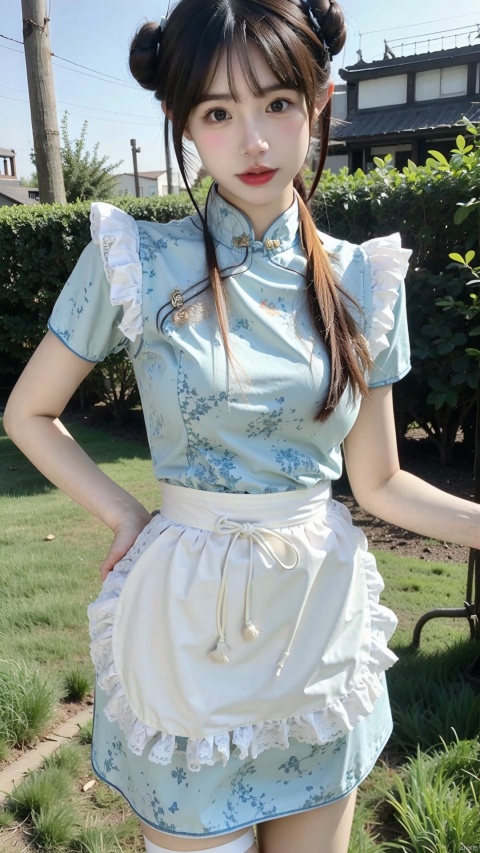 1girl, solo, looking at viewer, bangs, brown hair, dress, brown eyes, standing, short sleeves, outdoors, frills, day, hair bun, blurry, apron, double bun, chinese clothes, grass, waist apron, white apron, china dress, frilled apron, bun cover