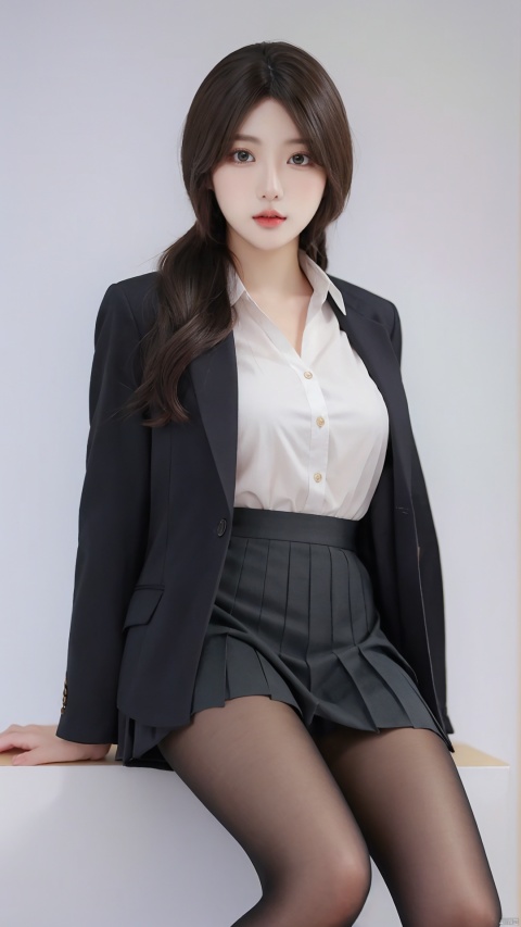  1girl,face,white background,full body,suit,pleated skirt,pantyhose, ((poakl))