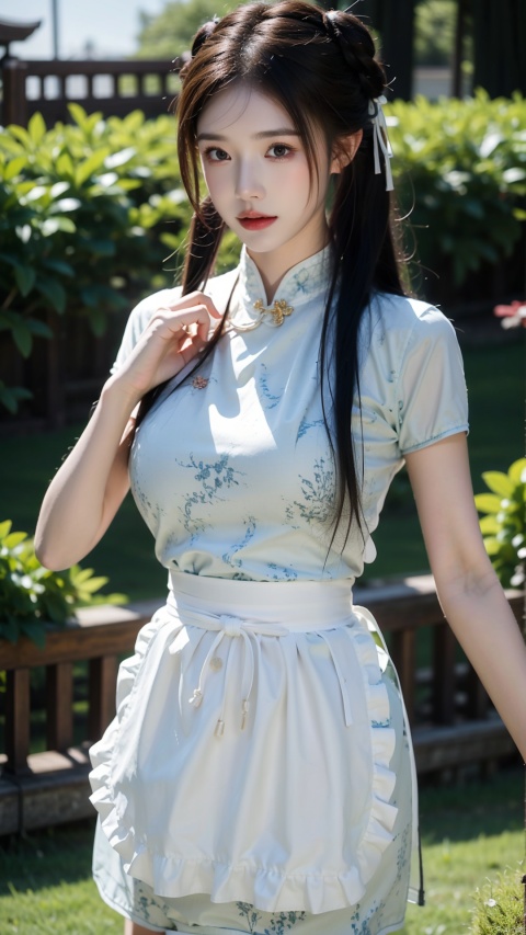 1girl, solo, looking at viewer, bangs, brown hair, dress, brown eyes, standing, short sleeves, outdoors, frills, day, hair bun, blurry, apron, double bun, chinese clothes, grass, waist apron, white apron, china dress, frilled apron, bun cover