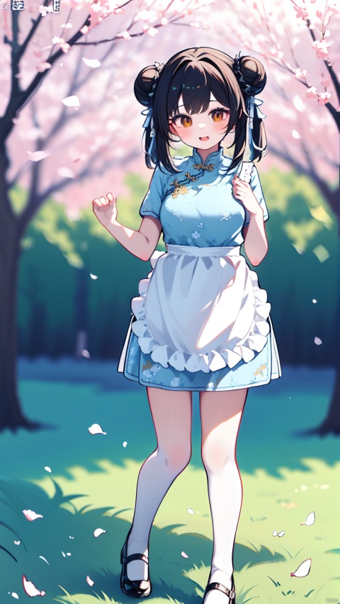 1girl, solo, looking at viewer, bangs, brown hair, dress, brown eyes, standing, short sleeves, outdoors, frills, day, hair bun, blurry, apron, double bun, chinese clothes, grass, waist apron, white apron, china dress, frilled apron, bun cover