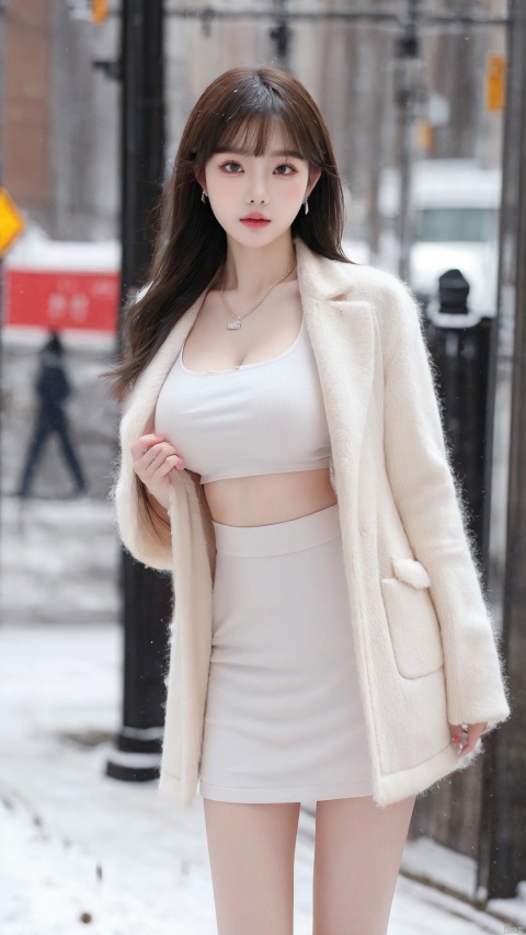  Canon RF85mm f/1.2,masterpiece,best quality,ultra highres,cowbody shot,1 girl,beautiful long legs,(korean mixed,kpop idol:1.2),solo,shiny_skin,very white skin,necklace,earrings,jewelry,(huge breasts)(long_brown_wavy_hair,bangs),red_shiny_lips,eyelashes,make-up,shiny,Pore,skin texture,big breasts,(standing outside in snowy city street):1.5, liuyifei,Bare legs,No coat,