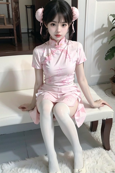  (Master),(Best Quality),((Master)),(High Pixel), Original,8k, (Extremely Detailed 8k Wallpaper), extremely beautiful skin,natural skin texture,(pale skin, real skin),(milky skin:1.2),realistic,closed mouth,1girl,full body,(bun cover:1.4),(pink dress:1.2),chinese clothes,white apron,short sleeves, 