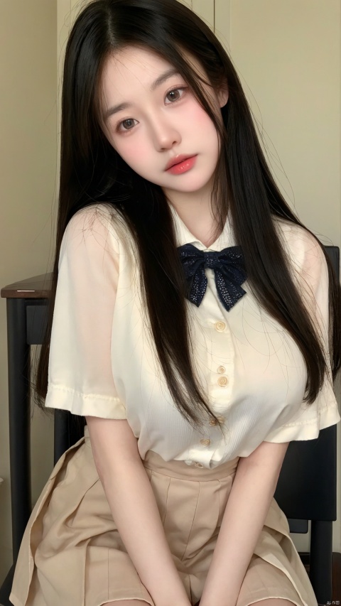  highest quallity,high resolution,rich colors,extremely beautiful skin,natural skin texture,(pale skin, real skin),(milky skin:1.2),realistic,closed mouth,1girl, solo, ,(huge breasts),long hair, looking at viewer, smile, bangs, skirt, brown hair, bow, brown eyes, school uniform, short sleeves, hair bow, pleated skirt, serafuku, indoors, sailor collar, cosplay, window, chair, pink bow, desk, pink skirt, realistic, classroom, school desk, chalkboard