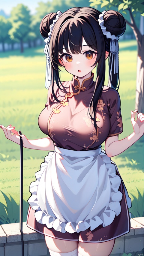 1girl, solo, looking at viewer, bangs, brown hair, dress, brown eyes, standing, short sleeves, outdoors, frills, day, hair bun, blurry, apron, double bun, chinese clothes, grass, waist apron, white apron, china dress, frilled apron, bun cover