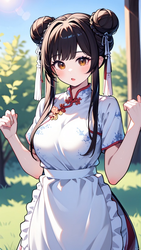 1girl, solo, looking at viewer, bangs, brown hair, dress, brown eyes, standing, short sleeves, outdoors, frills, day, hair bun, blurry, apron, double bun, chinese clothes, grass, waist apron, white apron, china dress, frilled apron, bun cover