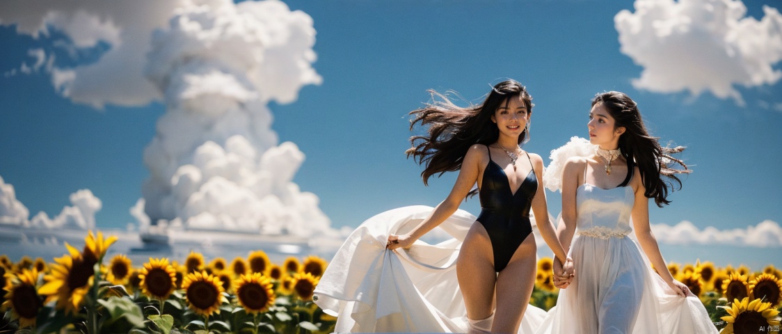  High quality full HD picture,1girl,a statue,((( smile:1.4))),((( slim figure))),Smooth and flowing long hair,Endless Sunflowers,Two girls holding hands and walking happily,They look like they're talking,Sunflowers grow very tall and tall,A few white clouds float in the deep blue sky,
(24 years old:1.2),A beautiful with big eyes like Carslan, Minimalist Clothing,as if she's the spirit of this ocean of flowers. Sunflowers vary in height and size from near to far,a white dress made of white flowers surrounded , trending on ArtStation, trending on CGSociety, intricate, high detail, sharp focus, dramatic, photorealistic painting art by midjourney and greg rutkowski., (\meng ze\), Light master,
(((The character is on the right side of the screen))) , Purity Portait, liushishi, sweet_lolita, High heel and leotard and race queen, zjy