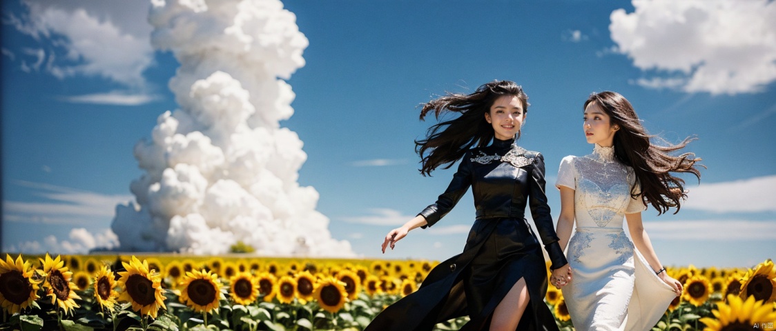  High quality full HD picture,1girl,a statue,((( smile:1.4))),((( slim figure))),Smooth and flowing long hair,Endless Sunflowers,Two girls holding hands and walking happily,They look like they're talking,Sunflowers grow very tall and tall,A few white clouds float in the deep blue sky,
(24 years old:1.2),A beautiful with big eyes like Carslan, Minimalist Clothing,as if she's the spirit of this ocean of flowers. Sunflowers vary in height and size from near to far,a white dress made of white flowers surrounded , trending on ArtStation, trending on CGSociety, intricate, high detail, sharp focus, dramatic, photorealistic painting art by midjourney and greg rutkowski., Light master,
(((The character is on the right side of the screen))) , Purity Portait,High heel and leotard and race queen, 