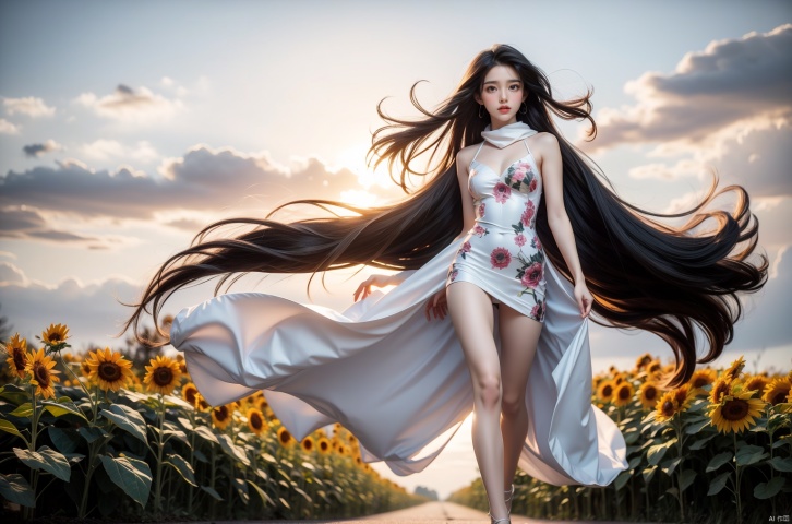 ((big smile)),blue sky,In a vast field of sunflower fields,full body,A beautiful and sexy fairy with big eyes like Carslan, Her white dress is carefully pieced together with different kinds of Light colored flowers, The white scarf fluttered in the wind,like a walking floral art painting. as if she's the spirit of this ocean of flowers. High quality full HD picture,a white dress made of flowers surrounded , trending on ArtStation, trending on CGSociety, intricate, high detail, sharp focus, dramatic, photorealistic painting art by midjourney and greg rutkowski., (\meng ze\), Light master,