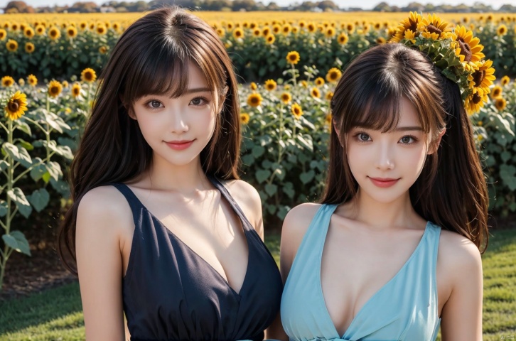  mugglelight,in autumn,dusk,blue sky,Autumn dusk,1 girl,holding a bouquet of wilted sunflowers in her hand,solo,slender,cleavage,background light,light_smile,looking_at_viewer,portrait,huge filesize,realistic,standing,front view,