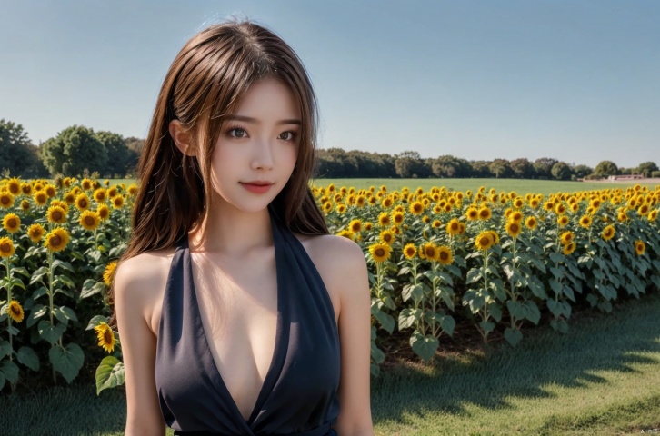  mugglelight,in autumn,dusk,blue sky,Autumn dusk,a girl stands in the grass,holding a small bouquet of wilted sunflowers in her hand,solo,slender,cleavage,background light,light_smile,looking_at_viewer,portrait,huge filesize,realistic,standing,front view,