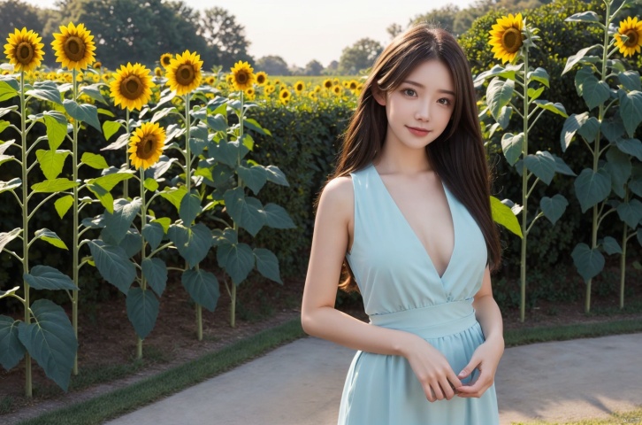  mugglelight,in autumn,dusk,blue sky,A vast garden
,1 girl,holding a sunflowers in her hand,solo,cleavage,background light,light_smile,looking_at_viewer,portrait,realistic,front view,(wear white:1),