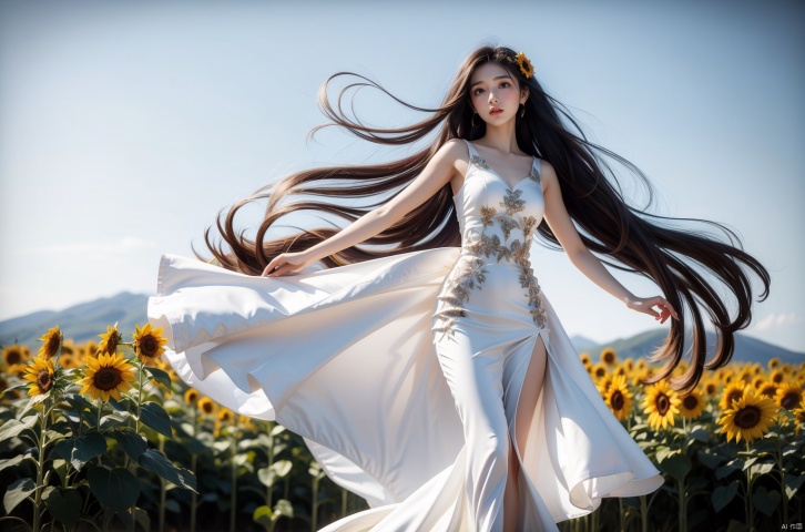 ((big smile)),blue sky,In a vast field of sunflower fields,full body,A beautiful and sexy fairy with big eyes like Carslan, Her white dress is carefully pieced together with different kinds of white flowers, The white scarf fluttered in the wind, as if she's the spirit of this ocean of flowers. High quality full HD picture,a white dress made of white flowers surrounded , trending on ArtStation, trending on CGSociety, intricate, high detail, sharp focus, dramatic, photorealistic painting art by midjourney and greg rutkowski., (\meng ze\), Light master,