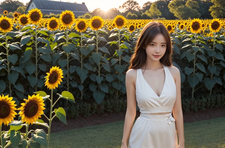  mugglelight,in autumn,dusk,blue sky,A vast garden
,1 girl,holding a sunflowers in her hand,solo,slender,cleavage,background light,light_smile,looking_at_viewer,portrait,realistic,standing,front view,(wear white:1),