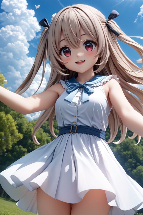  masterpiece, best quality, incredibly_absurdres, 1 girl, cowboy_shot,standing,high detail,high details,depth of field,perspective,(foreshortening),ray tracing,medium_breasts,white dress,outdoors,sky,yellow_hair,smile,^o^,backlight,open hands, , girl,red eyes, hair ribbon, ribbon,long hair,two side up,sleeveless dress,