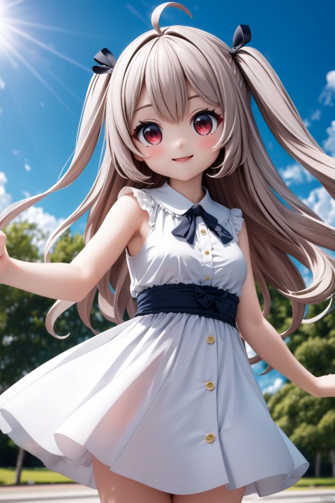  masterpiece, best quality, incredibly_absurdres, 1 girl, cowboy_shot,standing,high detail,high details,depth of field,perspective,(foreshortening),ray tracing,medium_breasts,white dress,outdoors,sky,yellow_hair,smile,^o^,backlight,open hands, , girl,red eyes, hair ribbon, ribbon,long hair,two side up,sleeveless dress,