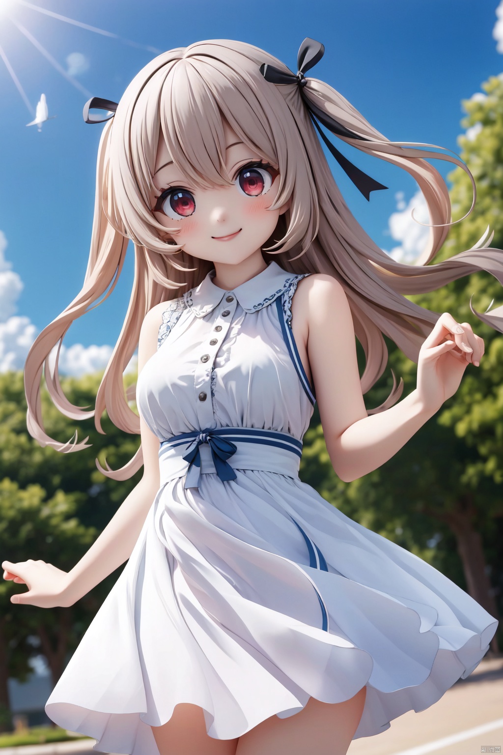  masterpiece, best quality, incredibly_absurdres, 1 girl, cowboy_shot,standing,high detail,high details,depth of field,perspective,(foreshortening),ray tracing,medium_breasts,white dress,outdoors,sky,yellow_hair,smile,^o^,backlight,open hands, , girl,red eyes, hair ribbon, ribbon,long hair,two side up,sleeveless dress,