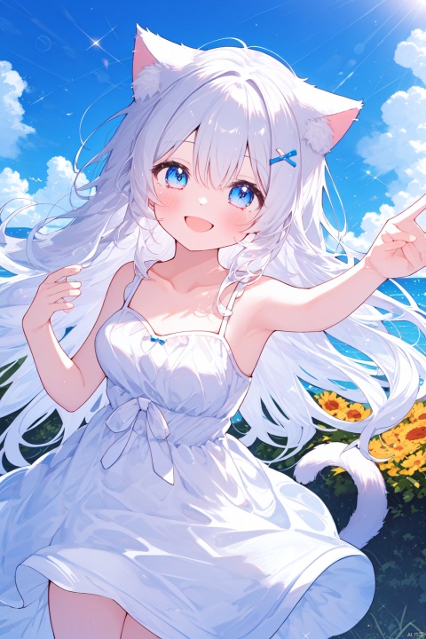 masterpiece, best quality, incredibly_absurdres,1 girl, cowboy_shot,standing,high detail,high details,depth of field,perspective,foreshortening,ray tracing,medium_breasts,outdoors,sky,smile,^o^,backlight, white dress,sleeveless dress,sparkling eyes,hug,light smile, looking at viewer,sk,platinum blonde hair,catgirl,cat ears,cat tail,sleeveless_dress,long hair,blush,hand up, solo, BA, sk