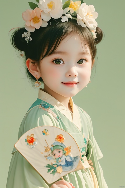 (masterpiece, top quality, best quality, official art, beautiful and aesthetic:1.2),etzanhua,1girl,chibi face,baby face,very sweet,smile,green background,hold a fan,upper body,best light and shadow,ink painting picture as background