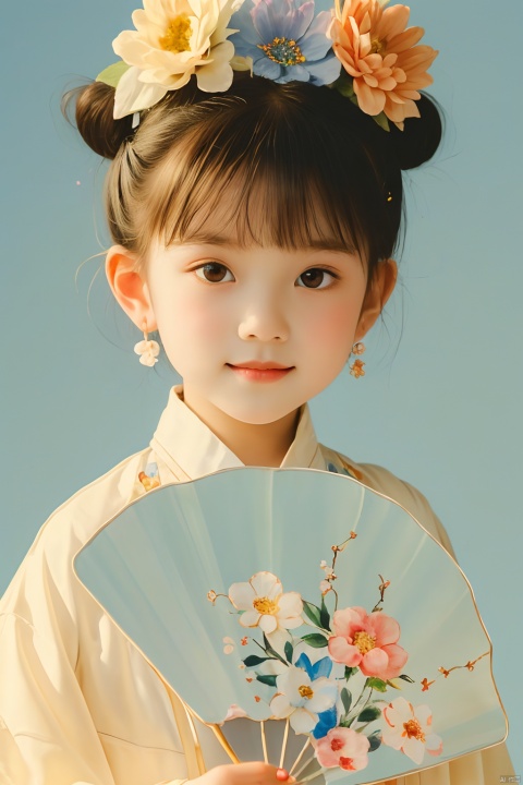 (masterpiece, top quality, best quality, official art, beautiful and aesthetic:1.2),etzanhua,1girl,chibi face,very sweet,smile,blue background,hold a fan,upper body,best light and shadow,ink painting flowers picture as background