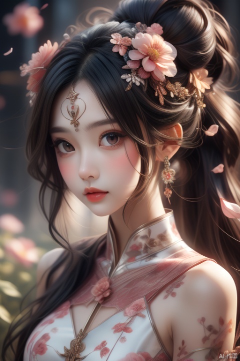  jueshimeinv,delicate face,intricate hair bun,red forehead_mark,hair ornament,very long hair,petals
