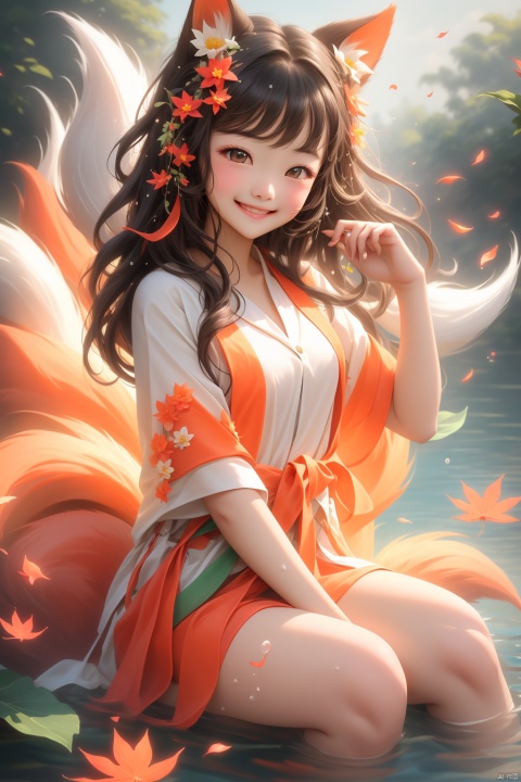  hunv, orange tails, 1girl,chibi face,super cute,smile,in a pool,flowers,leafs,water splash,delicate face