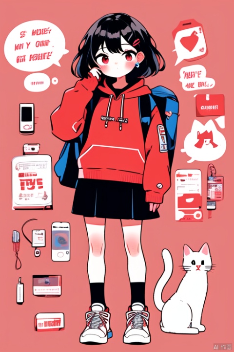 1girl, red eyes, red background, hood, backpack, cat, red hoodie, drawstring, black hair, shoes, hood down, hoodie, long sleeves, solo, bag, holding, hair ornament, english text, socks, earrings, white footwear, bangs, looking at viewer, jewelry, sneakers, phone, standing, blush, full body, skirt, medium hair, black socks, hairclip, red theme, speech bubble, holding phone, closed mouth, cellphone, sleeves past wrists, animal, short hair, simple background, black skirt, romaji text,niji,sticker,(masterpiece, top quality, best quality, official art, beautiful and aesthetic:1.2),graffiti 