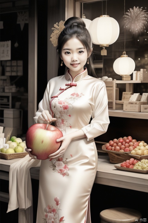 (masterpiece, top quality, best quality, official art, beautiful and aesthetic:1.2),a chinese Girl in festive attire,cute,cartoon,pixar style, traditional Chinese dress, red and gold,smiling,vibrant night market,hold a large apple, fireworks,a little lantern, guzhuang, heibai