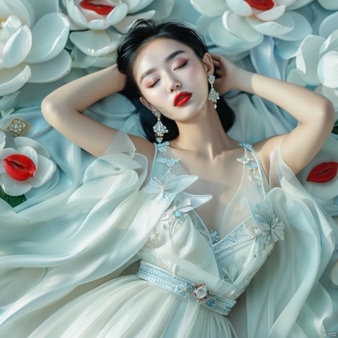 (masterpiece, top quality, best quality, official art, beautiful and aesthetic:1.2), lianhua, 1girl, jewelry, closed eyes, earrings, red lips, white dress, makeup, lipstick, lie down, top view