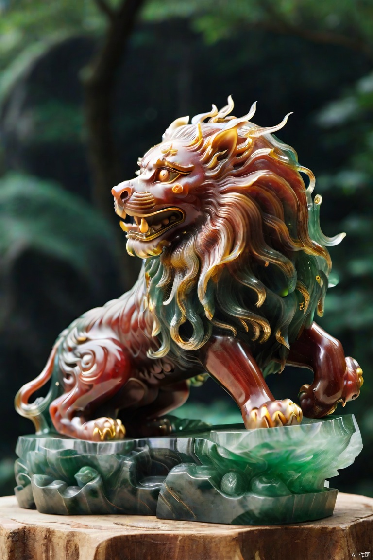 (masterpiece, top quality, best quality, official art, beautiful and aesthetic:1.2),a large lion,(made of red jade:1.3),golden carving,very beautiful, aesthetic,crystal, surface polished natural gloss, very transparent and beautiful, emerald material, pink fantasy, feicuixl
