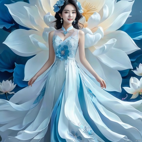 (masterpiece, top quality, best quality, official art, beautiful and aesthetic:1.2),lianhua,1girl,front view,full body,solo,jewelry,earrings,hair ornament,black hair,smile,hair flower,