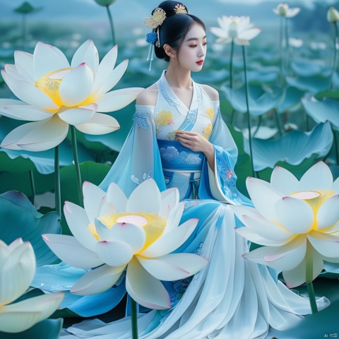 (masterpiece, top quality, best quality, official art, beautiful and aesthetic:1.2)lianhua, 1girl,super realilstic,photography,super details,side view,wear yellow hanfu,off shoulder,stand in a large lotus,artwork