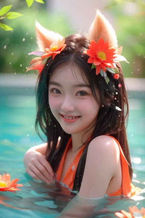 hunv, orange tails, 1girl,chibi face,super cute,smile,in a pool,flowers,leafs,water splash,delicate face