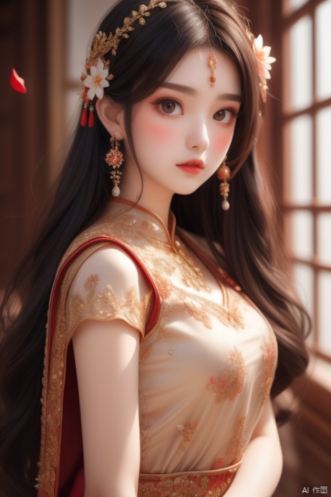  jueshimeinv,1girl,delicate face,intricate ancient hair style,red forehead_mark,hair ornament,petal,(front view:1.5),face to camera,(look at viewer),,upper body,close up,gogerous dress,antique hairstyle
