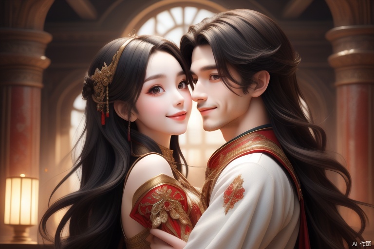 ((masterpiece)), ((best quality)), ((illustration)), extremely detailed,two person,((1man and 1girl)),(male focus:1.5),very handsome,long hair, long shot, hug 1girl,girl wear gogerous drss,jueshimeinv,wear Ancient costume, immortal and chivalrous style,smile,happy,eye contact