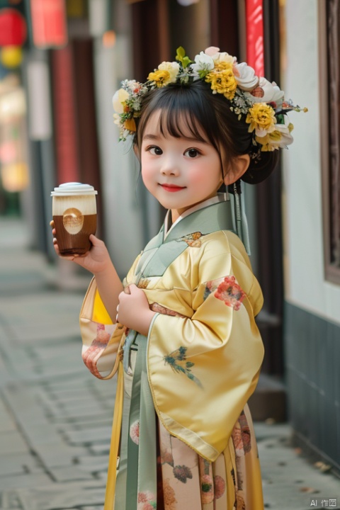 (masterpiece, top quality, best quality, official art, beautiful and aesthetic:1.2),etzanhua,1girl,chibi face,baby face,very sweet,smile,street,wear yellow hanfu,(hold a cup of coffee)