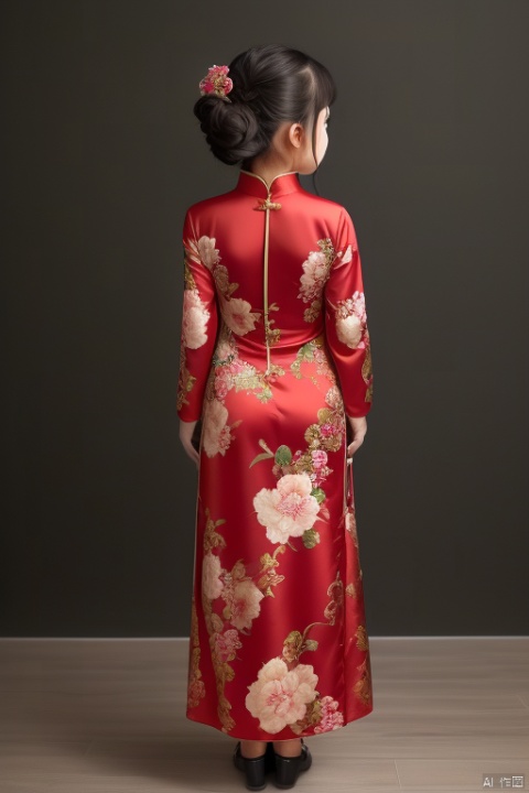 (masterpiece, top quality, best quality, official art, beautiful and aesthetic:1.2),feixing, 1girl, back view, solo, from behind, chinese clothes, black hair, braid, facing away, dress, red dress, hair ornament, nape, floral print, simple background, hair bun,((full body)),long shot,shoes,full body
